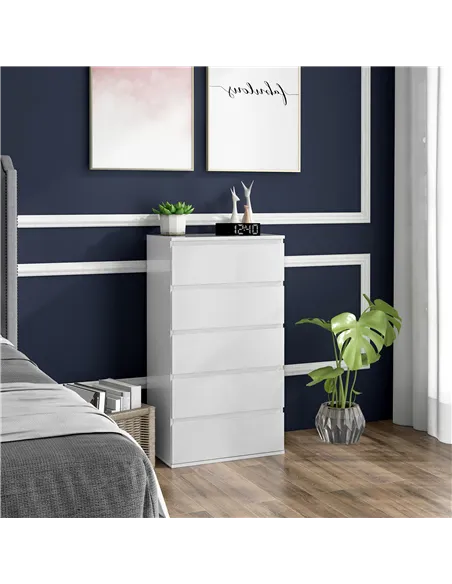 HOMCOM 5-Drawer Modern Dresser, High Gloss Storage Drawer Unit for Bedroom, White