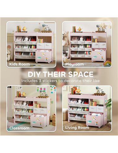 AIYAPLAY Kids Toy Storage Unit with 11 Bins, Cabinet, Top Shelves, 3 Stickers, for Nursery, Playroom, Pink