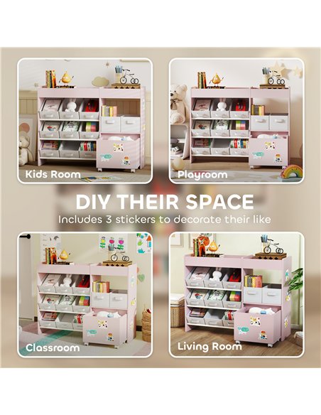 AIYAPLAY Kids Toy Storage Unit with 11 Bins, Cabinet, Top Shelves, 3 Stickers, for Nursery, Playroom, Pink