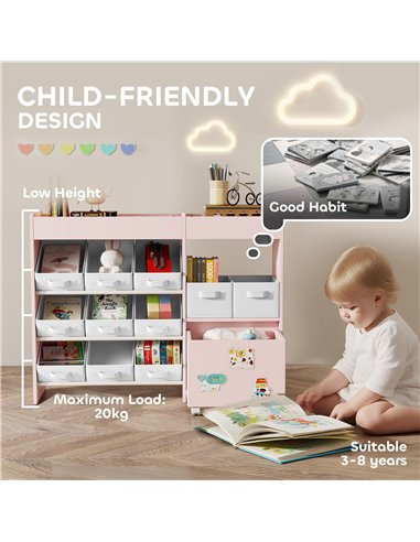 AIYAPLAY Kids Toy Storage Unit with 11 Bins, Cabinet, Top Shelves, 3 Stickers, for Nursery, Playroom, Pink