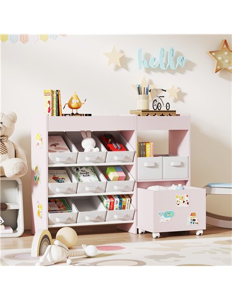 AIYAPLAY Kids Toy Storage Unit with 11 Bins, Cabinet, Top Shelves, 3 Stickers, for Nursery, Playroom, Pink