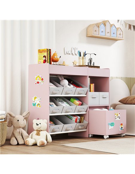 AIYAPLAY Kids Toy Storage Unit with 11 Bins, Cabinet, Top Shelves, 3 Stickers, for Nursery, Playroom, Pink