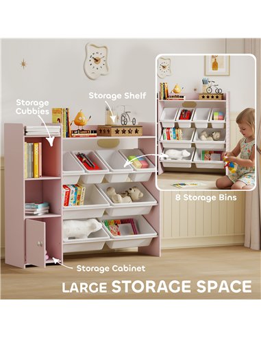 AIYAPLAY Toy Storage Unit with 8 Removable Bins, Storage Shelves, Cabinet, Pink