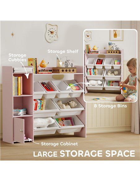 AIYAPLAY Toy Storage Unit with 8 Removable Bins, Storage Shelves, Cabinet, Pink