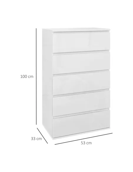 HOMCOM 5-Drawer Modern Dresser, High Gloss Storage Drawer Unit for Bedroom, White