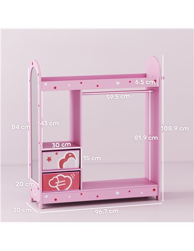 AIYAPLAY Kids Clothes Rail, Kids Wardrobe with Mirror, Shelves, Fabric Storage and Hooks for Bedroom, Nursery, Pink