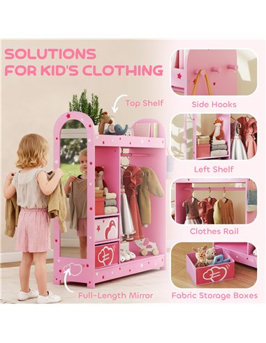 AIYAPLAY Kids Clothes Rail, Kids Wardrobe with Mirror, Shelves, Fabric Storage and Hooks for Bedroom, Nursery, Pink
