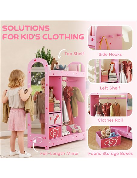 AIYAPLAY Kids Clothes Rail, Kids Wardrobe with Mirror, Shelves, Fabric Storage and Hooks for Bedroom, Nursery, Pink