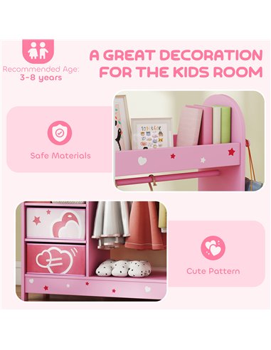 AIYAPLAY Kids Clothes Rail, Kids Wardrobe with Mirror, Shelves, Fabric Storage and Hooks for Bedroom, Nursery, Pink