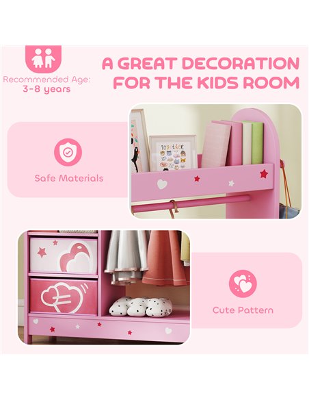 AIYAPLAY Kids Clothes Rail, Kids Wardrobe with Mirror, Shelves, Fabric Storage and Hooks for Bedroom, Nursery, Pink