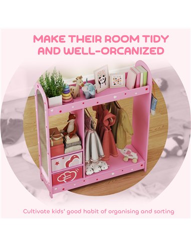 AIYAPLAY Kids Clothes Rail, Kids Wardrobe with Mirror, Shelves, Fabric Storage and Hooks for Bedroom, Nursery, Pink