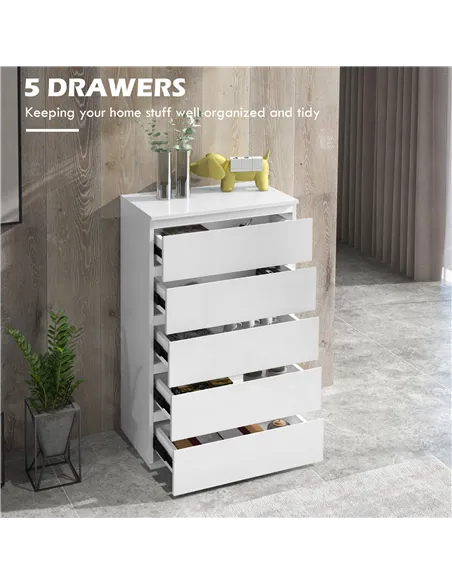 HOMCOM 5-Drawer Modern Dresser, High Gloss Storage Drawer Unit for Bedroom, White