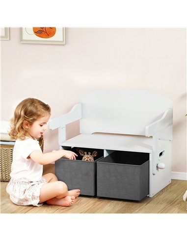 AIYAPLAY 3 in 1 Kids Storage Bench, Convertible Children Table and Chair Set with 2 Fabric Bins, Toy Storage Box, White