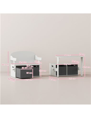 AIYAPLAY 3 in 1 Kids Storage Bench, Convertible Children Table and Chair Set with 2 Fabric Bins, Toy Storage Box, White