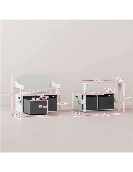 AIYAPLAY 3 in 1 Kids Storage Bench, Convertible Children Table and Chair Set with 2 Fabric Bins, Toy Storage Box, White