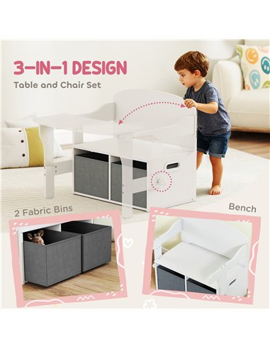 AIYAPLAY 3 in 1 Kids Storage Bench, Convertible Children Table and Chair Set with 2 Fabric Bins, Toy Storage Box, White