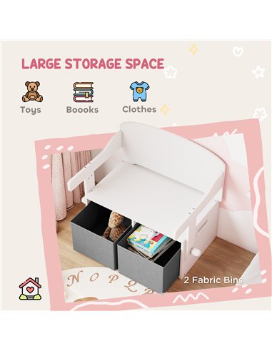 AIYAPLAY 3 in 1 Kids Storage Bench, Convertible Children Table and Chair Set with 2 Fabric Bins, Toy Storage Box, White