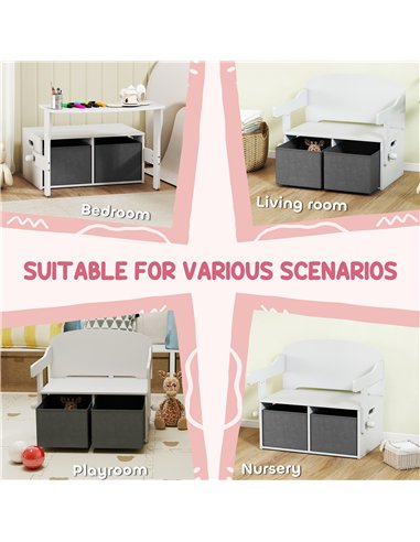 AIYAPLAY 3 in 1 Kids Storage Bench, Convertible Children Table and Chair Set with 2 Fabric Bins, Toy Storage Box, White