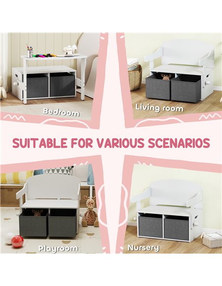 AIYAPLAY 3 in 1 Kids Storage Bench, Convertible Children Table and Chair Set with 2 Fabric Bins, Toy Storage Box, White