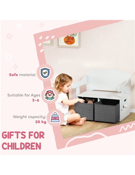 AIYAPLAY 3 in 1 Kids Storage Bench, Convertible Children Table and Chair Set with 2 Fabric Bins, Toy Storage Box, White