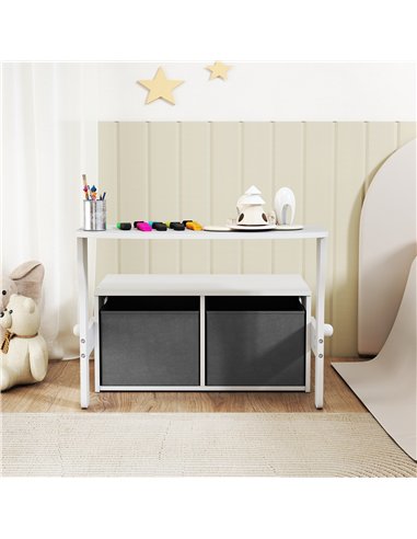 AIYAPLAY 3 in 1 Kids Storage Bench, Convertible Children Table and Chair Set with 2 Fabric Bins, Toy Storage Box, White