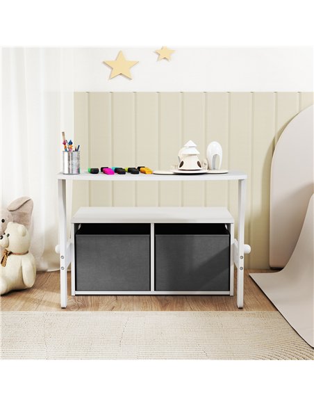 AIYAPLAY 3 in 1 Kids Storage Bench, Convertible Children Table and Chair Set with 2 Fabric Bins, Toy Storage Box, White