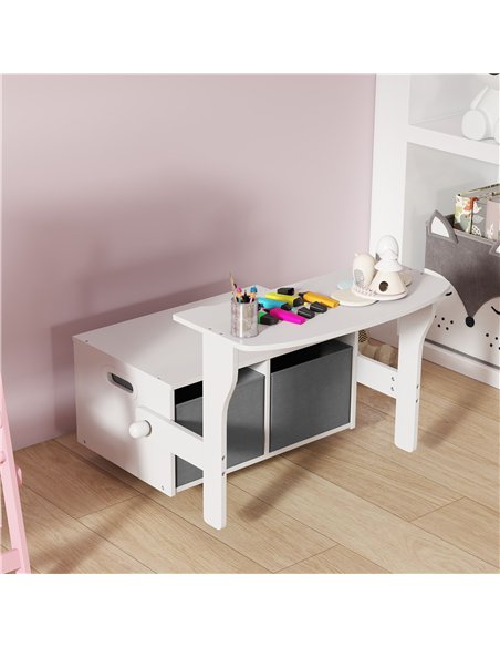 AIYAPLAY 3 in 1 Kids Storage Bench, Convertible Children Table and Chair Set with 2 Fabric Bins, Toy Storage Box, White