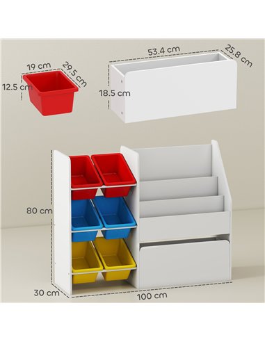AIYAPLAY Toy Storage Unit, 3-Tier Toy Organiser Shelf with 6 Removable Storage Bins for Bedroom, Nursery, Multicoloured
