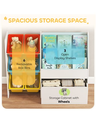 AIYAPLAY Toy Storage Unit, 3-Tier Toy Organiser Shelf with 6 Removable Storage Bins for Bedroom, Nursery, Multicoloured