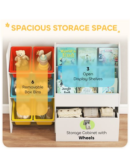 AIYAPLAY Toy Storage Unit, 3-Tier Toy Organiser Shelf with 6 Removable Storage Bins for Bedroom, Nursery, Multicoloured