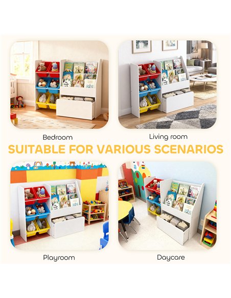 AIYAPLAY Toy Storage Unit, 3-Tier Toy Organiser Shelf with 6 Removable Storage Bins for Bedroom, Nursery, Multicoloured