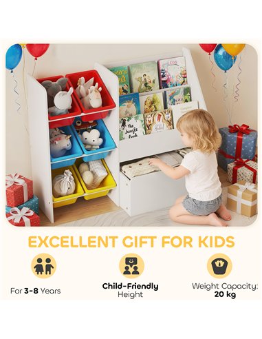 AIYAPLAY Toy Storage Unit, 3-Tier Toy Organiser Shelf with 6 Removable Storage Bins for Bedroom, Nursery, Multicoloured