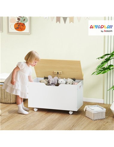 AIYAPLAY Toy Box with Lid, Toy Chest with Wheels and Safety Hinges, Toddler Storage Organiser for Playroom, Bedroom, White