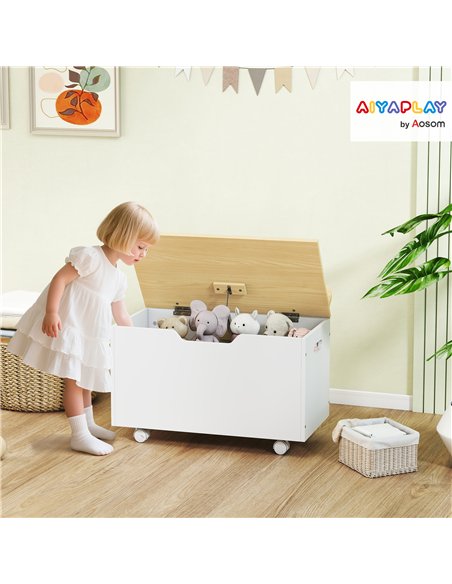 AIYAPLAY Toy Box with Lid, Toy Chest with Wheels and Safety Hinges, Toddler Storage Organiser for Playroom, Bedroom, White