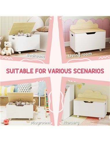 AIYAPLAY Toy Box with Lid, Toy Chest with Wheels and Safety Hinges, Toddler Storage Organiser for Playroom, Bedroom, White