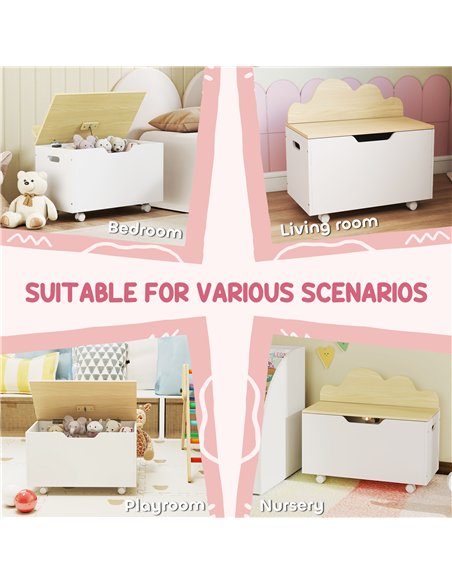 AIYAPLAY Toy Box with Lid, Toy Chest with Wheels and Safety Hinges, Toddler Storage Organiser for Playroom, Bedroom, White