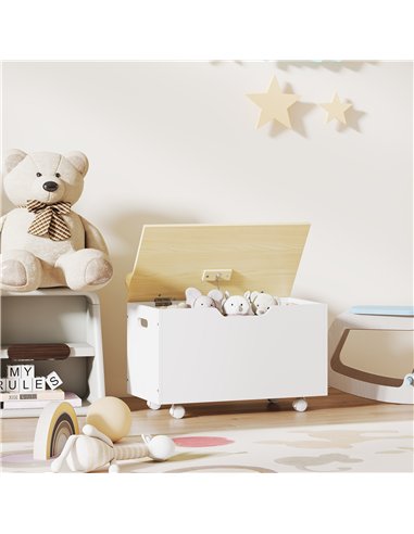 AIYAPLAY Toy Box with Lid, Toy Chest with Wheels and Safety Hinges, Toddler Storage Organiser for Playroom, Bedroom, White