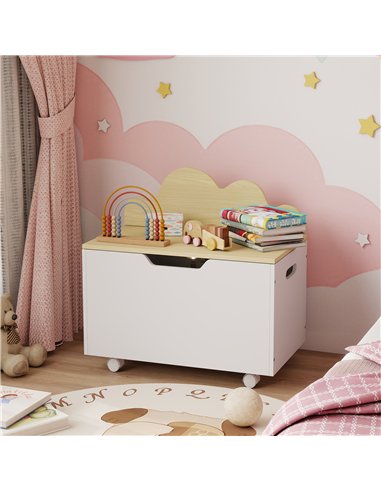 AIYAPLAY Toy Box with Lid, Toy Chest with Wheels and Safety Hinges, Toddler Storage Organiser for Playroom, Bedroom, White