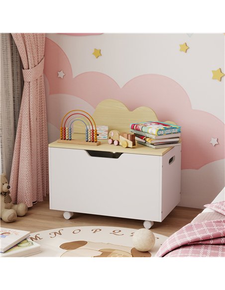 AIYAPLAY Toy Box with Lid, Toy Chest with Wheels and Safety Hinges, Toddler Storage Organiser for Playroom, Bedroom, White