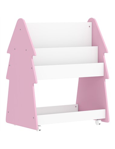 AIYAPLAY Kids Bookshelf with Toy Storage, Double-Sided Bookcase with Wheels, 3 Tier Kids Book Rack for Bedroom, Pink