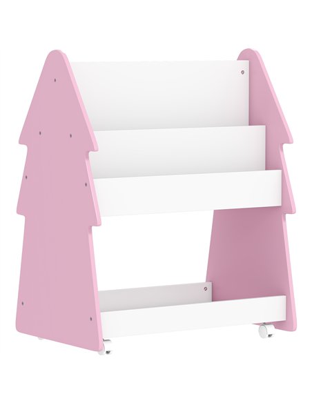 AIYAPLAY Kids Bookshelf with Toy Storage, Double-Sided Bookcase with Wheels, 3 Tier Kids Book Rack for Bedroom, Pink