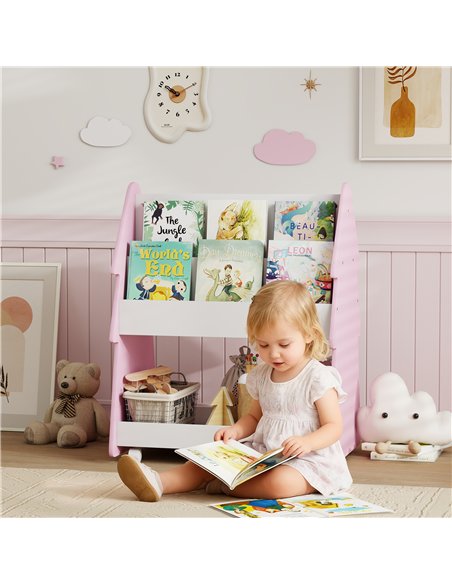 AIYAPLAY Kids Bookshelf with Toy Storage, Double-Sided Bookcase with Wheels, 3 Tier Kids Book Rack for Bedroom, Pink