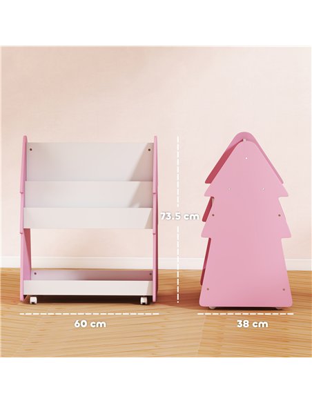 AIYAPLAY Kids Bookshelf with Toy Storage, Double-Sided Bookcase with Wheels, 3 Tier Kids Book Rack for Bedroom, Pink