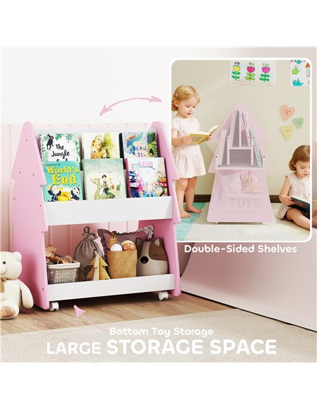 AIYAPLAY Kids Bookshelf with Toy Storage, Double-Sided Bookcase with Wheels, 3 Tier Kids Book Rack for Bedroom, Pink