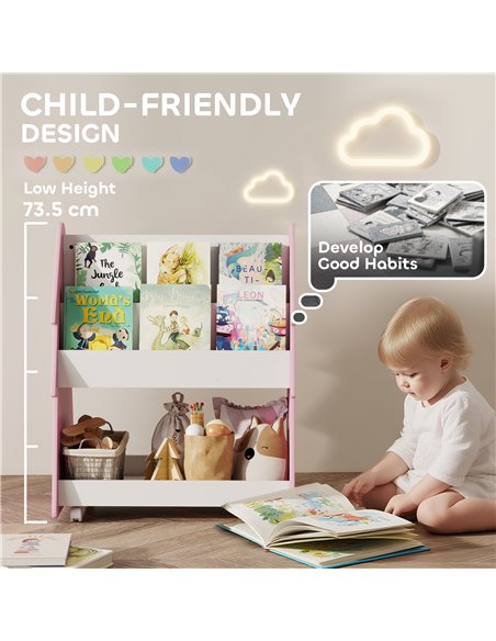 AIYAPLAY Kids Bookshelf with Toy Storage, Double-Sided Bookcase with Wheels, 3 Tier Kids Book Rack for Bedroom, Pink