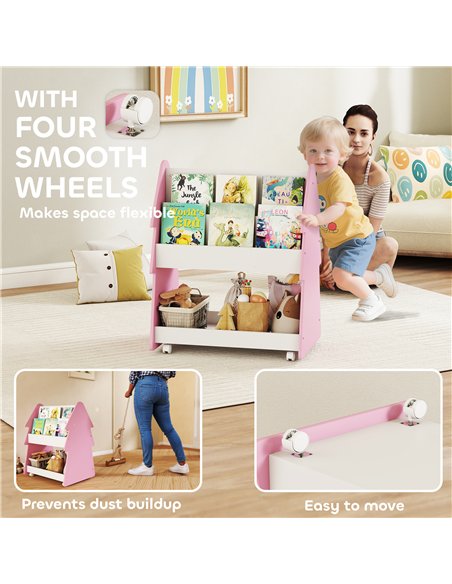 AIYAPLAY Kids Bookshelf with Toy Storage, Double-Sided Bookcase with Wheels, 3 Tier Kids Book Rack for Bedroom, Pink