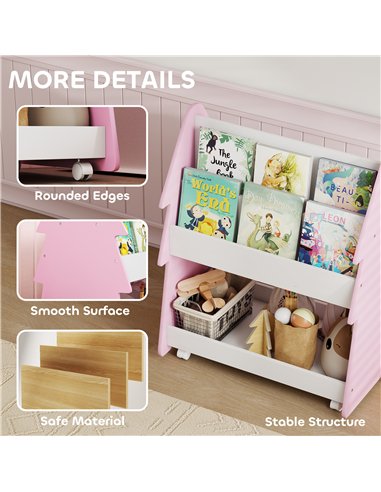 AIYAPLAY Kids Bookshelf with Toy Storage, Double-Sided Bookcase with Wheels, 3 Tier Kids Book Rack for Bedroom, Pink