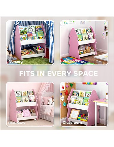 AIYAPLAY Kids Bookshelf with Toy Storage, Double-Sided Bookcase with Wheels, 3 Tier Kids Book Rack for Bedroom, Pink