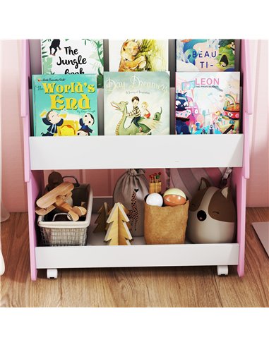 AIYAPLAY Kids Bookshelf with Toy Storage, Double-Sided Bookcase with Wheels, 3 Tier Kids Book Rack for Bedroom, Pink