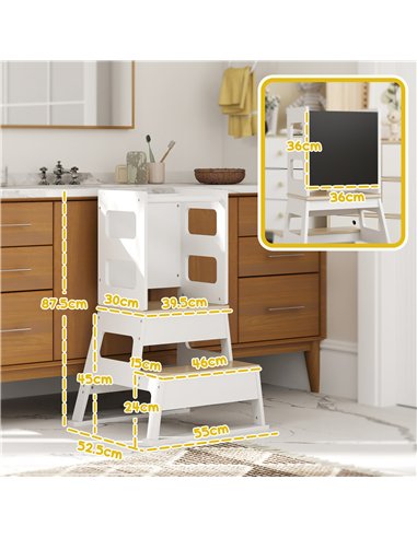 AIYAPLAY 2-in-1 Toddler Tower with Chalkboard, Safety Rail for Kitchen, Counter, Bathroom, Sink, White